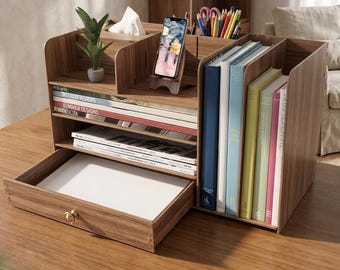 Multifunctional Desktop Organizer: Premium Wooden Office Storage with Adjustable Shelves, Phone Holder and Document Drawer
