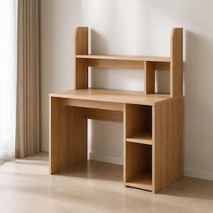 Escritorio de madera con estantes de almacenamiento – Escritorio moderno para oficina en casa, mesa de estudio para espacios pequeños, muebles minimalistas escandinavos