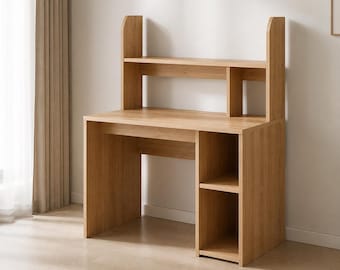 Wooden Desk with Storage Shelves – Modern Home Office Desk, Small Space Study Table, Minimalist Scandinavian Furniture