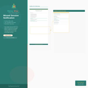 May include: A digital template preview with the Thrive Wise logo and the text "Missed Session Notification." The template includes a "No-Show Policy Letter" and is HIPAA compliant. The template is fully editable in Word and PDF format.