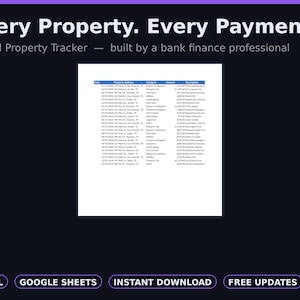 Puede incluir: Una hoja de cálculo digital para el seguimiento de propiedades de alquiler sobre un fondo oscuro. El texto dice Every Property. Every Payment. Rental Property Tracker — built by a bank finance professional. Debajo hay botones para EXCEL, GOOGLE SHEETS, INSTANT DOWNLOAD y FREE UPDATES.