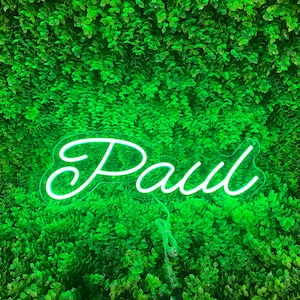 Peut inclure: Enseigne au néon verte vif avec le nom "Paul" écrit en cursive. Le signe se détache sur un fond de feuillage vert dense et vibrant, créant un contraste saisissant.