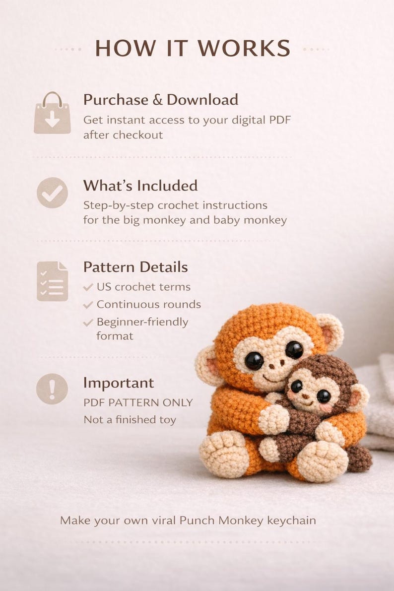 May include: An image shows two crocheted monkeys, one large and one small, in shades of brown and orange. The text reads "How it Works" and details about the pattern, including US crochet terms and beginner-friendly format. The text also says "Make your own viral Punch Monkey keychain."