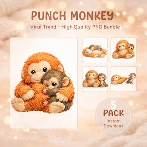 May include: An image featuring a "PUNCH MONKEY" PNG bundle. The main image shows a large orange monkey hugging a smaller brown monkey. Additional images show the monkeys in various poses. Text includes "Viral Trend," "High Quality PNG Bundle," and "5 PACK Instant Download."