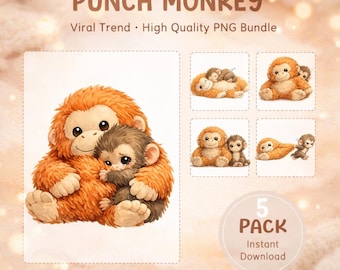 Pacote de PNGs do Macaco Bebê Socando Viral, Design para Sublimação em 5 Poses, Macaco de Apoio Emocional com Pelúcia Laranja, Arte Abandonada Pequena, Mas Corajosa