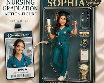 Boneco de ação personalizado para formatura em enfermagem, retrato personalizado de enfermeira em caixa de brinquedos, presente para formandos em enfermagem (BSN), estatueta de enfermeira, arquivo digital.