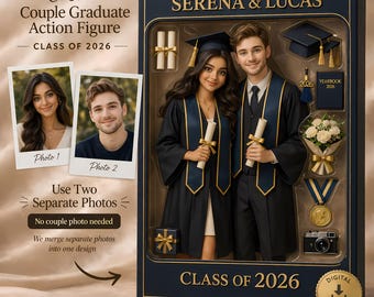 Boneco de ação personalizado para casal formando, retrato personalizado em caixa de brinquedos, presente para a turma de 2026, estatueta de casal formando, arquivo digital.