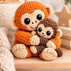 May include: Two crocheted monkey dolls. The larger monkey is orange with tan accents and big black eyes, hugging a smaller brown monkey with tan accents. The dolls are sitting on a wooden shelf.