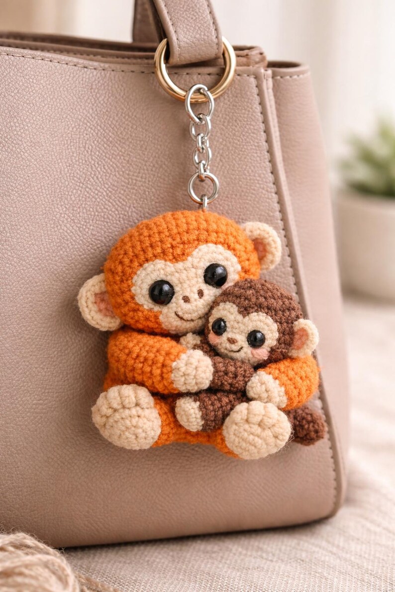 May include: A handmade crochet keychain featuring two adorable monkeys. The larger monkey is orange with beige accents, hugging a smaller brown monkey. The keychain is attached to a beige handbag with a gold-colored ring.