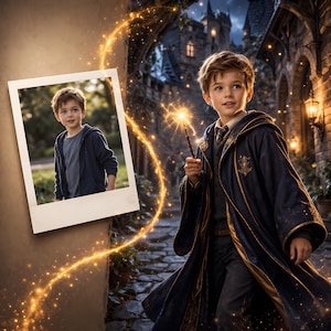 May include: A young boy dressed in a dark blue wizard robe with gold accents, holding a glowing wand. A framed photo of the boy in casual attire is on the left. The background features a stone pathway, castle, and magical light effects.