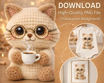 Gato de crochê 3D PNG, Clipart de Amigurumi com Fio Sintético, Design de Sublimação de Gato Fofo com Café, Adesivo Digital, Transferência DTF, Fundo Transparente