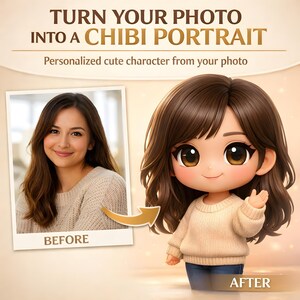 May include: An advertisement promoting chibi portraits. The image shows a before-and-after comparison. The "before" image is a photo of a woman. The "after" image is a chibi-style illustration of the woman. Text reads "TURN YOUR PHOTO INTO A CHIBI PORTRAIT" and "Personalized cute character from your photo."