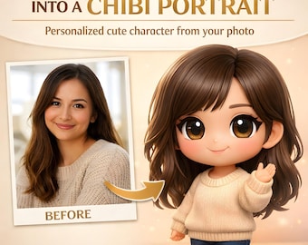 Retrato Chibi personalizado a partir de foto, personagem de desenho animado fofo e personalizado, presente para download digital