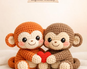 Padrão de crochê em PDF para dupla de macacos de bolso, amigurumi para iniciantes, tutorial fácil de macaco de pelúcia, download instantâneo.