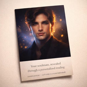 May include: A portrait of a man with dark hair and a black shirt. The image has a soft focus with a warm, golden glow. Text at the bottom reads: "Your soulmate, revealed through a personalized reading. Sample portrait - each order is created individually."