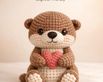 Padrão de crochê em PDF de lontra segurando um coração | Tutorial de amigurumi para iniciantes | Presente fofo de Dia dos Namorados, padrão de animal fácil