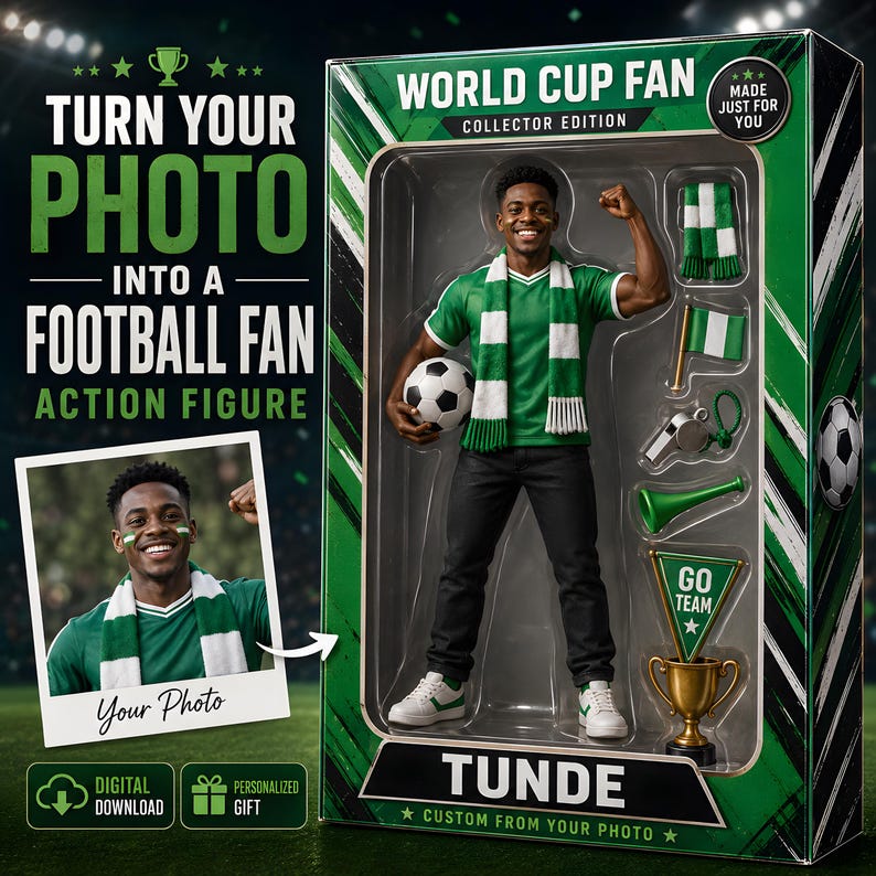 May include: A custom action figure of a person in a green and white jersey and scarf, packaged in a box labeled World Cup Fan. The set includes a soccer ball, flag, whistle, horn, pennant, and trophy. The box features the name Tunde and text.