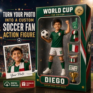 May include: A custom action figure in a green box labeled World Cup Fan Edition and Diego. The figure wears a green and white soccer uniform with the number 10, holding a soccer ball. Accessories include a foam finger, scarf, flag, drum, ticket, and trophy.