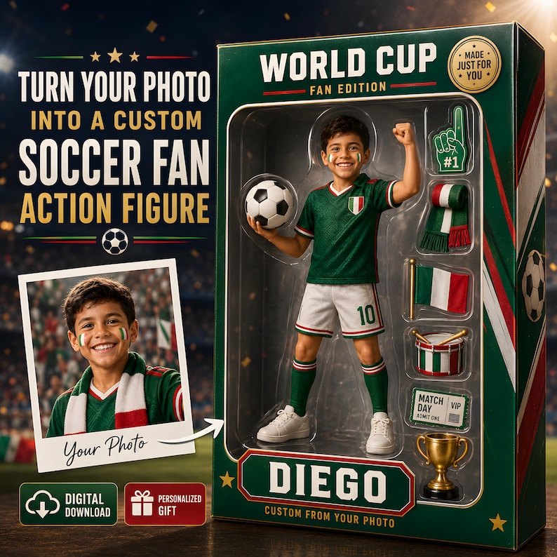 May include: A custom action figure in a green box labeled World Cup Fan Edition and Diego. The figure wears a green and white soccer uniform with the number 10, holding a soccer ball. Accessories include a foam finger, scarf, flag, drum, ticket, and trophy.