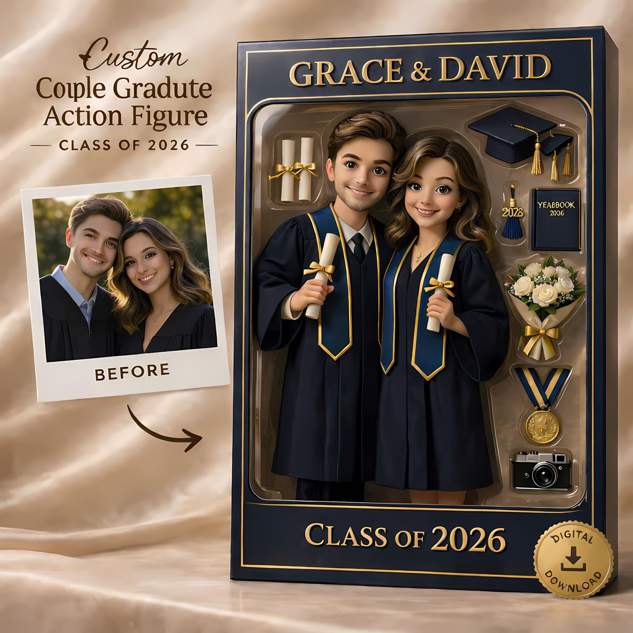 Custom Couple Graduation Action Figure, Personalized Toy Box Portrait ...