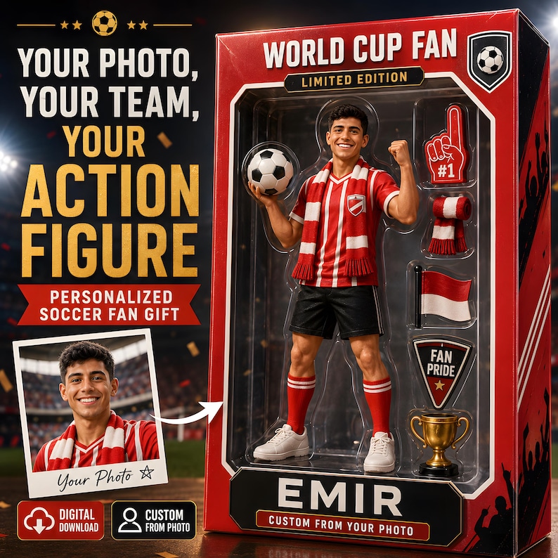 May include: A personalized action figure in a red and black box labeled WORLD CUP FAN and EMIR. The figure wears a red and white striped jersey, black shorts, and red socks, holding a soccer ball. Accessories include a foam finger, scarf, flag, and trophy.