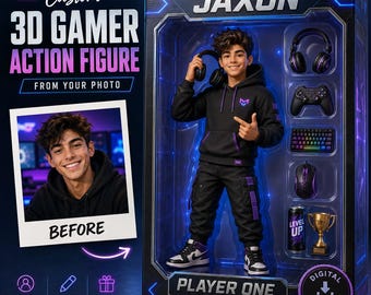 Figura de ação personalizada para gamer, colecionável em caixa, retrato personalizado a partir de foto, presente digital para namorado, filho ou marido.
