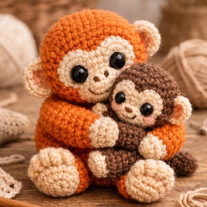 May include: Two crocheted monkey dolls, one embracing the other. The larger monkey is orange with tan accents, while the smaller one is brown. Both have large black eyes and are made of yarn.