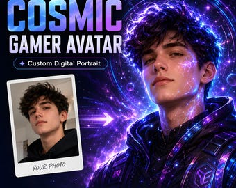 Avatar personalizado para gamer a partir de foto, retrato celestial de ficção científica, foto de perfil holográfica para Discord, avatar para Twitch, pôster cósmico para presente.