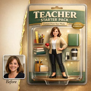 Może przedstawiać: Zestaw startowy dla nauczyciela' w przezroczystym plastikowym opakowaniu. Opakowanie przedstawia postać kobiety trzymającej jabłko, otoczoną przyborami szkolnymi. Tekst na opakowaniu brzmi 'Zestaw startowy dla nauczyciela' i 'Niestandardowe z Twojego zdjęcia'.