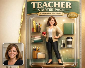 Custom Teacher Action Figure Starter Pack from Photo, Personalized Teacher Gift, Toy Box Portrait, Funny Digital Download
