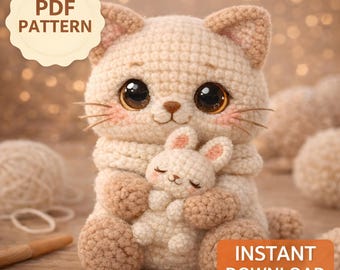 Crochet Cat Pattern PDF | Amigurumi Cat Holding Bunny | Kawaii Plush Kitty Tutorial | Beginner Friendly | Instant Download