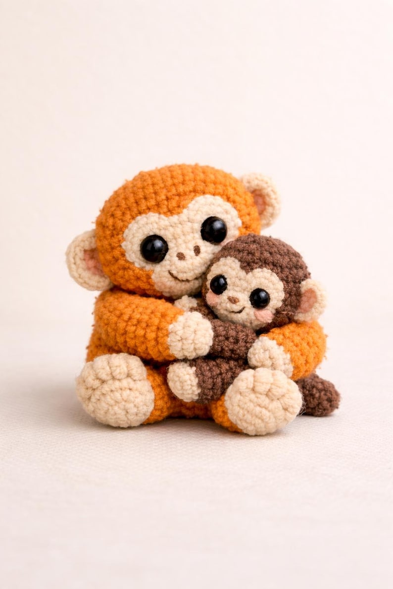 May include: A handmade crochet monkey family, featuring a larger orange monkey hugging a smaller brown monkey. Both have large, black eyes and beige accents. The toys are soft and cuddly, perfect for a child's room or as a unique gift.