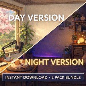 May include: Digital art featuring a split scene: a daytime interior with a desk, laptop, and microphone, and a nighttime interior with a cozy chair and fairy lights. Text reads "DAY VERSION" and "NIGHT VERSION". The words "INSTANT DOWNLOAD • 2 PACK BUNDLE" are also visible.