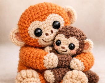 Padrão de crochê viral do macaco dando socos | Chaveiro de macaco abraçando | Macaco de pelúcia amigurumi | Pingente de bolsa kawaii | Download em PDF