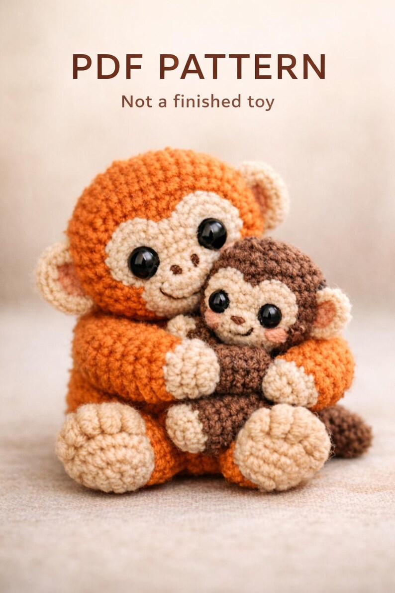 May include: A crocheted monkey pattern with the text "PDF PATTERN" and "Not a finished toy". The image shows a larger orange monkey hugging a smaller brown monkey. Both have large black eyes and tan accents.