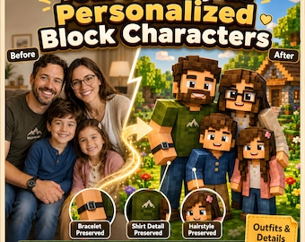 Retrato de família personalizado inspirado em Minecraft a partir de foto, arte digital personalizada em estilo bloco, avatar de família em pixel art, presente exclusivo para gamers.