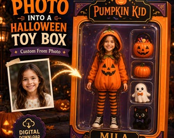 Retrato personalizado de caixa de brinquedos de Halloween a partir de foto, arte personalizada com bonecos de ação assustadores, presente digital infantil com vampiro, bruxa, lobisomem e abóbora.