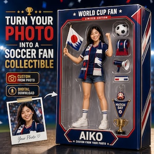 May include: A World Cup Fan limited edition collectible box featuring a custom action figure of a person holding a Japanese flag, wearing a blue shirt and denim shorts. Accessories include a soccer ball, megaphone, keychain, and trophy.