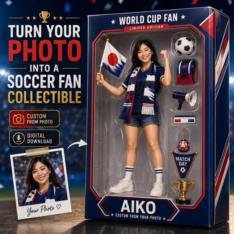 May include: A World Cup Fan limited edition collectible box featuring a custom action figure of a person holding a Japanese flag, wearing a blue shirt and denim shorts. Accessories include a soccer ball, megaphone, keychain, and trophy.