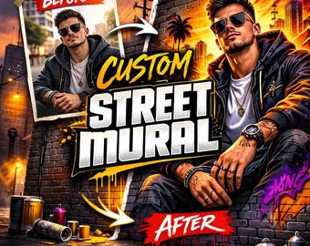 Retrato personalizado em estilo grafite de rua | Arte digital em estilo mural urbano | Decoração para sala de jogos | Presente gamer para namorado | Arte de parede personalizada