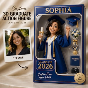 Spersonalizowana figurka z okazji ukończenia szkoły, spersonalizowany portret na skrzynce z zabawkami, prezent dla absolwentów z 2026 r., figurka ucznia, plik cyfrowy
