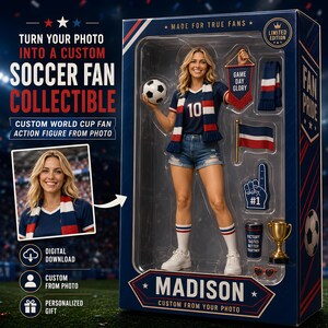 May include: A custom action figure in a box labeled MADISON, featuring a person in a soccer jersey with number 10, denim shorts, and white sneakers. Accessories include a soccer ball, a pennant reading GAME DAY GLORY, a flag, a foam finger, a cup, and a trophy.