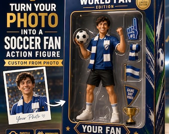 Figura de ação personalizada de fã da Copa do Mundo a partir de foto, caixa personalizada de jogador de futebol, presente para fã de futebol, download digital