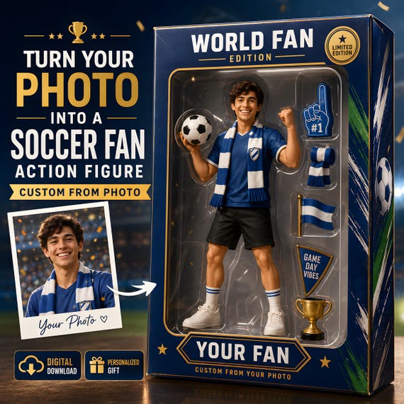 Custom World Cup Fan Action Figure From Photo, Personalized Soccer Player Box, Football Fan Gift, Digital Download