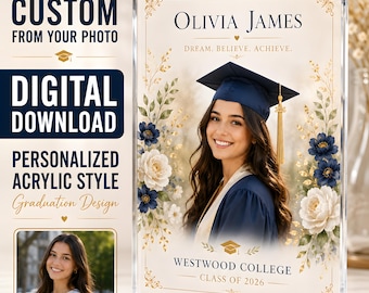 Placa de formatura personalizada em acrílico, feita a partir de foto, download digital, lembrança para a turma de 2026.