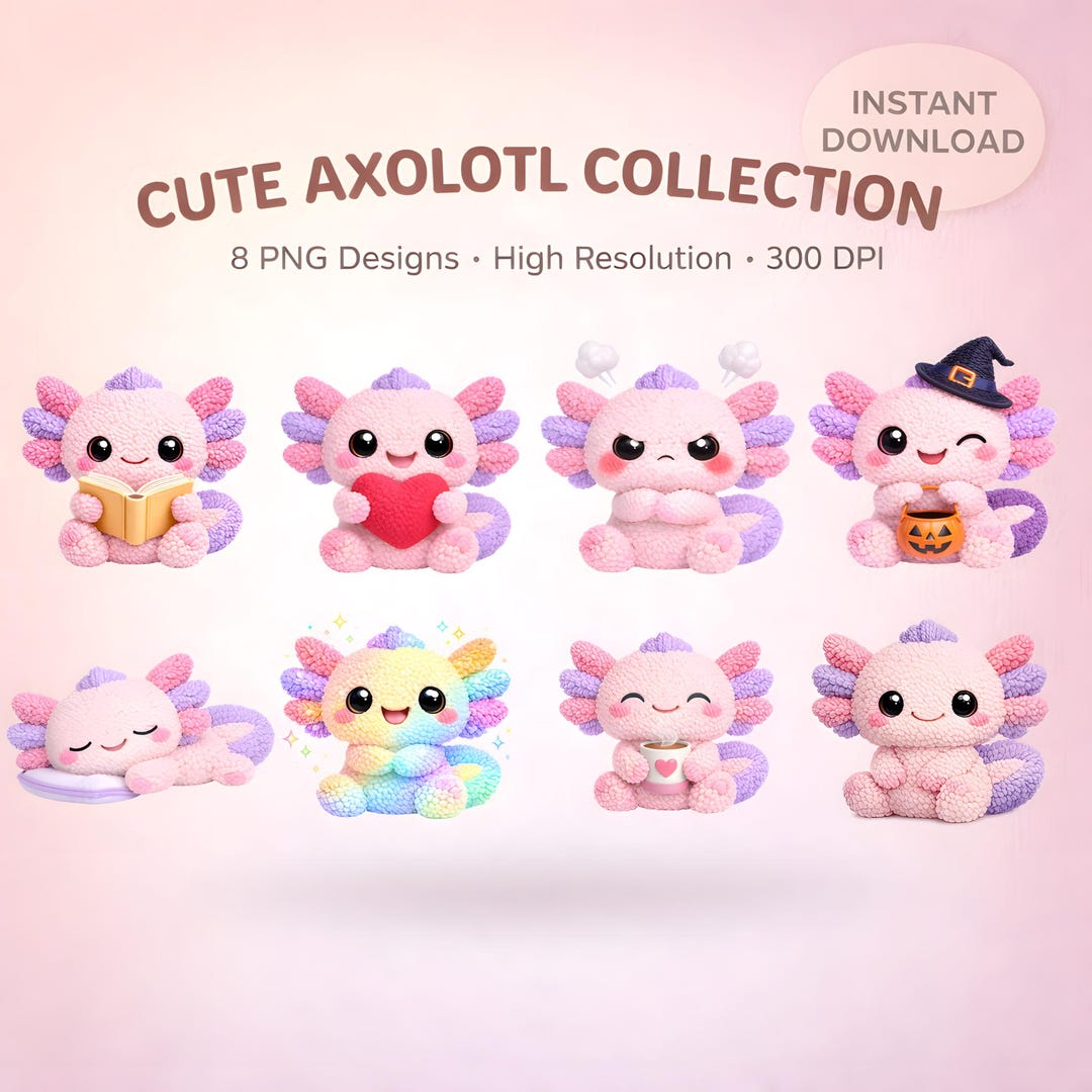 Axolotl PNG Bundle, Cute Axolotl Sublimation Designs, Kawaii Animal ...