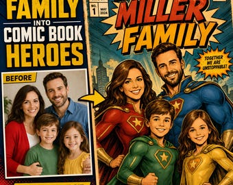 Custom Family Comic Book Cover Portrait, Personalized Vintage Superhero Art From Photo