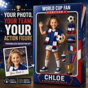 May include: A World Cup Fan Edition action figure set in a box featuring a child doll with a soccer ball, scarf, hat, flag, drink, and trophy. The packaging includes the text Your Photo, Your Team, Your Action Figure, Personalized Soccer Fan Gift, and Chloe.