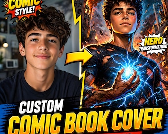 Capa de quadrinhos de super-heróis personalizada a partir de foto, retrato personalizado do herói, presente digital para ele, para ela e para crianças.