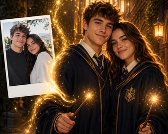 Retrato personalizado de casal de bruxos a partir de foto, arte personalizada da academia de magia, ilustração de casal de fantasia, presente de aniversário, download digital